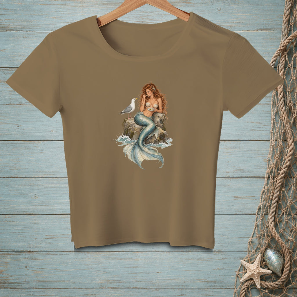 Brown t-shirt with a mermaid and seagull design.