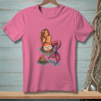 Pink t-shirt with mermaid, crab, buoy that says "Convince Me.".