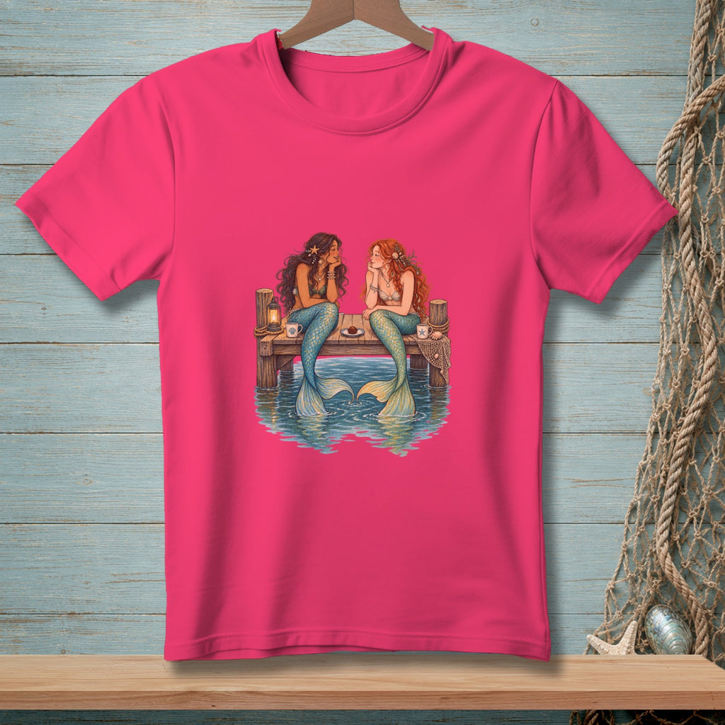 Two mermaids sit on a dock, looking at each other, with their tails in the water.