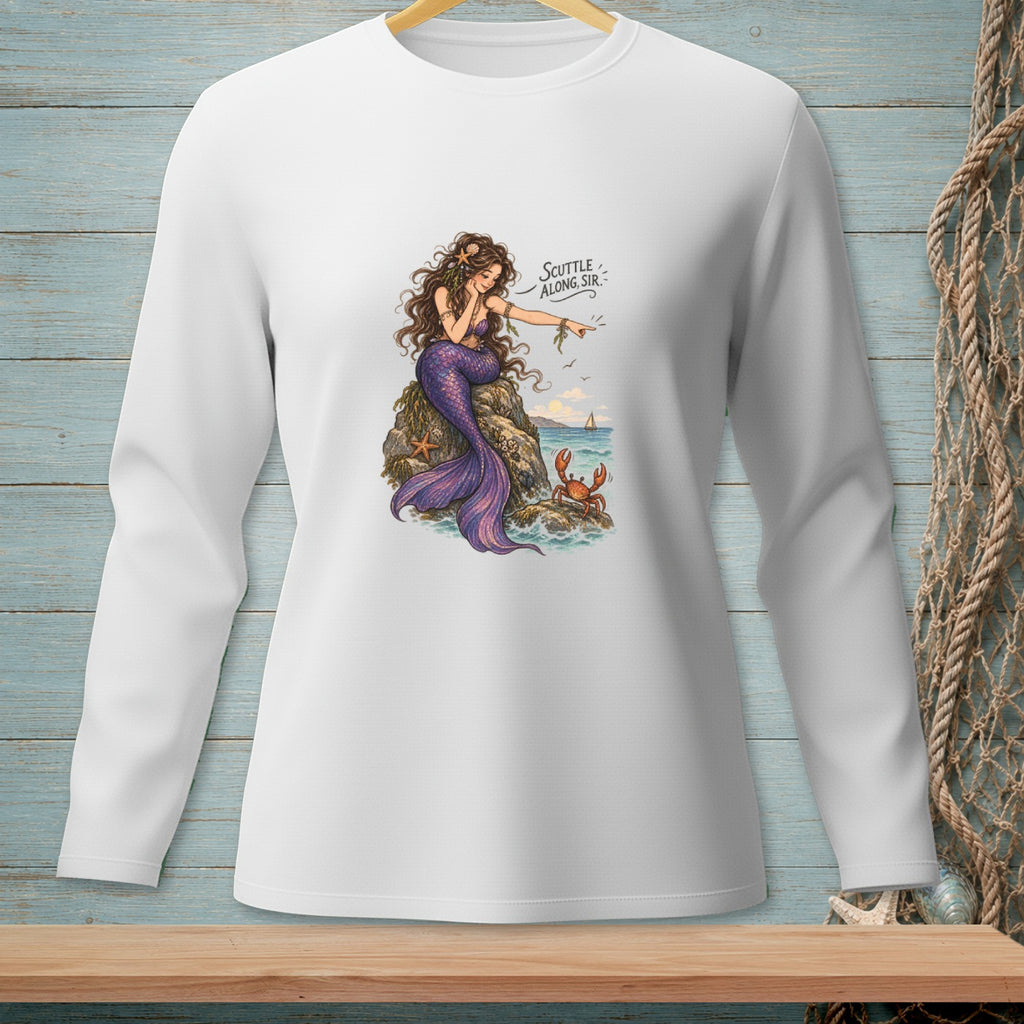 Mermaid sitting on a rock with a crab and text that says "Scuttle along, sir."