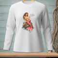 White long-sleeve shirt with a pink mermaid sitting on a rock, holding a drink. Text reads "Lower Your Expectations."
