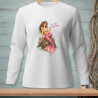 White long-sleeve shirt with a pink mermaid sitting on a rock, holding a drink. Text reads "Lower Your Expectations."