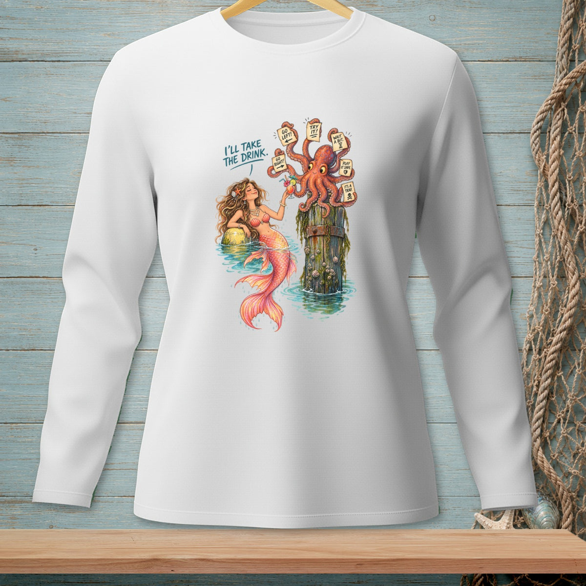 Mermaid and octopus graphic with text "I'll Take The Drink."
