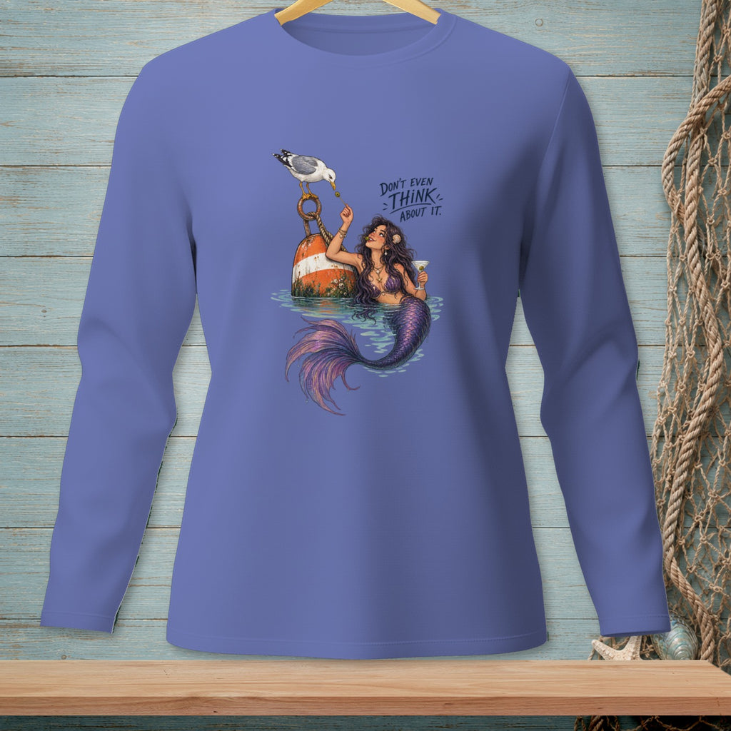Mermaid with purple tail and drink, feeding a seagull on a buoy, with text.