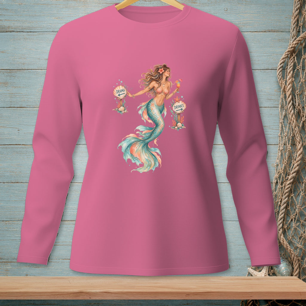 Pink long-sleeve shirt with a mermaid illustration holding signs for "Drama" and "Drinks".