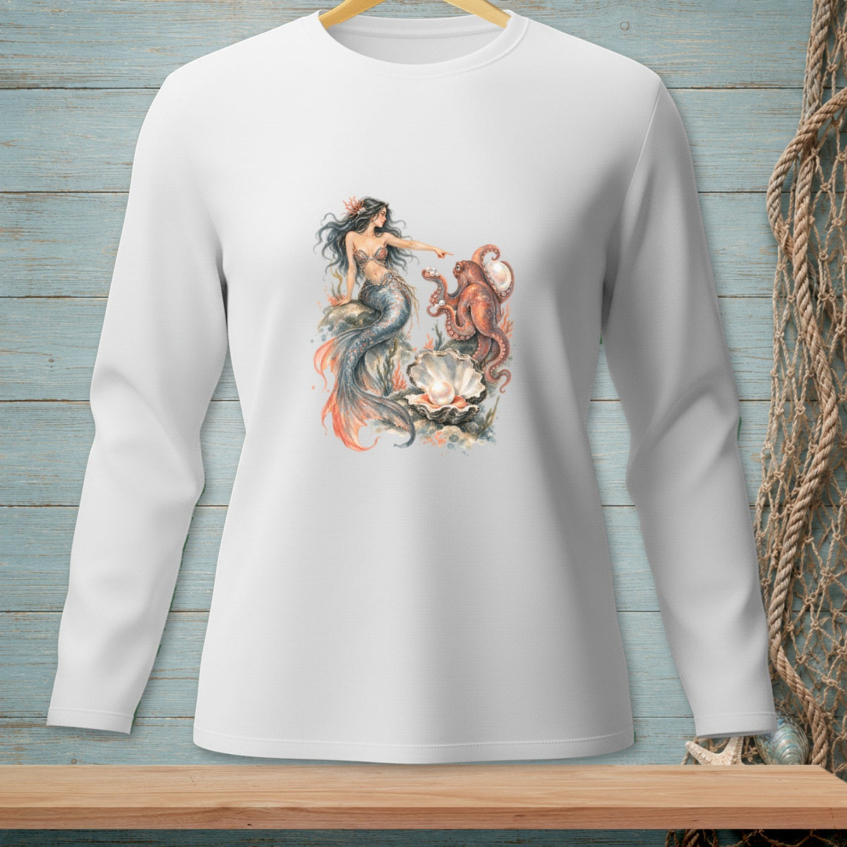White long sleeve shirt with watercolor mermaid and octopus print.