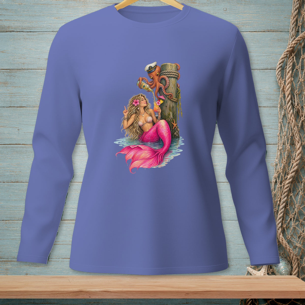 Mermaid with octopus by a dock post, pouring drinks.