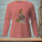 Pink long-sleeve shirt with a detailed mermaid illustration on a rock.