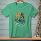 Two mermaids sit on a dock, drinking wine by the water.