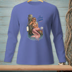 Mermaid holding cocktail, sitting on a dock post, with text "I'm literally chilled."