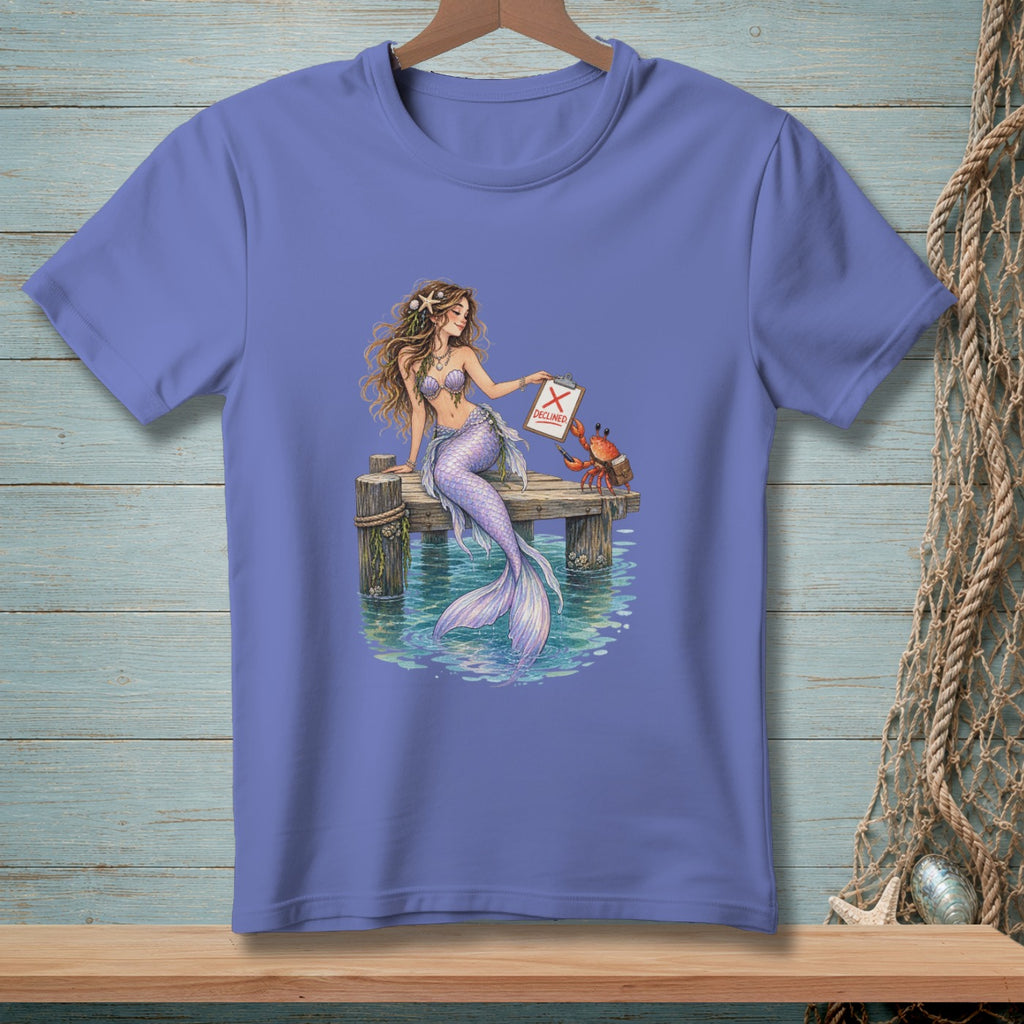 Mermaid on dock with crab holding clipboard showing "DECLINED."