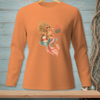 Orange long-sleeve shirt with mermaid graphic and text "Bad Hair Good Pour".