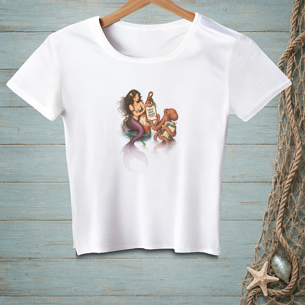 White t-shirt with mermaid and octopus reading "Circle Back Never"