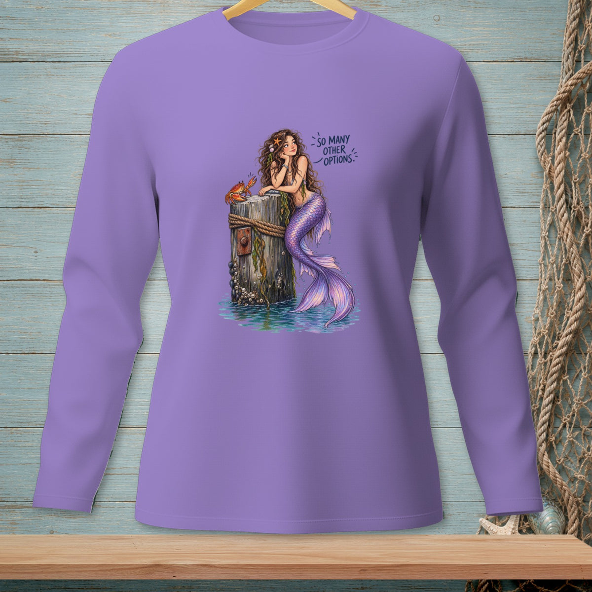 Mermaid and crab on a wooden post with text "So Many Other Options."