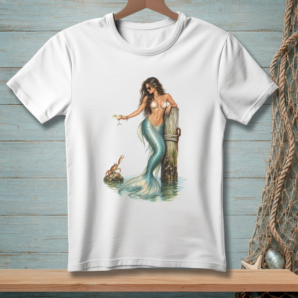 Mermaid with bikini, sunglasses, and drink leans on post; crab on rock.