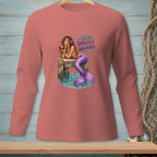 Long-sleeve shirt with mermaid illustration and text "Salty. Tangled & Unbothered."