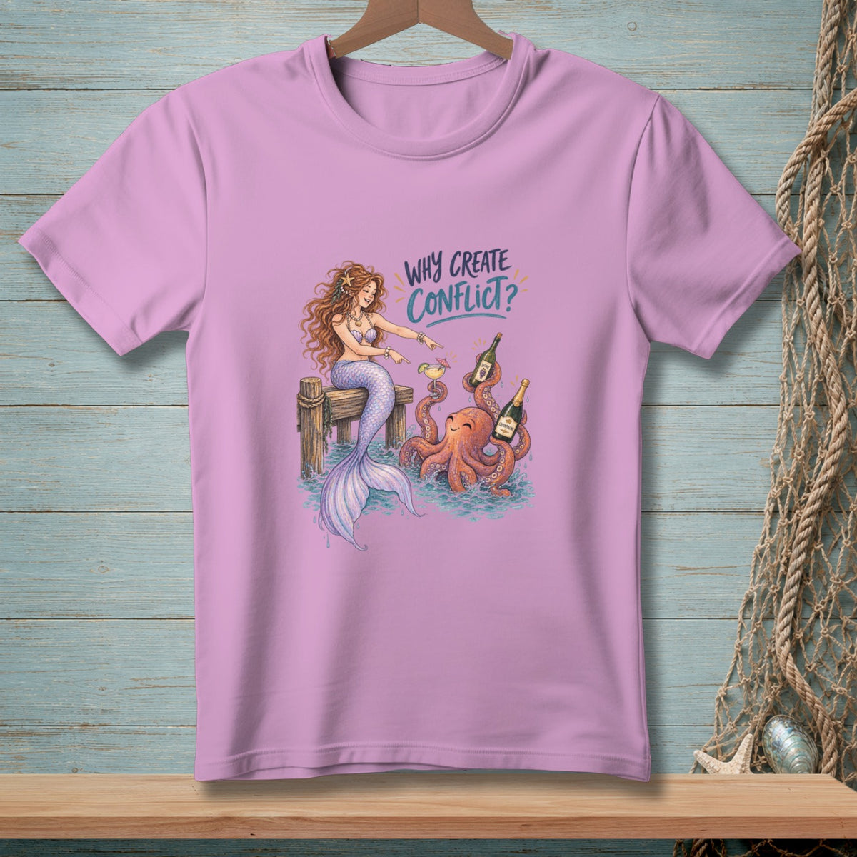 Mermaid and octopus with champagne bottles, text "WHY CREATE CONFLICT?"