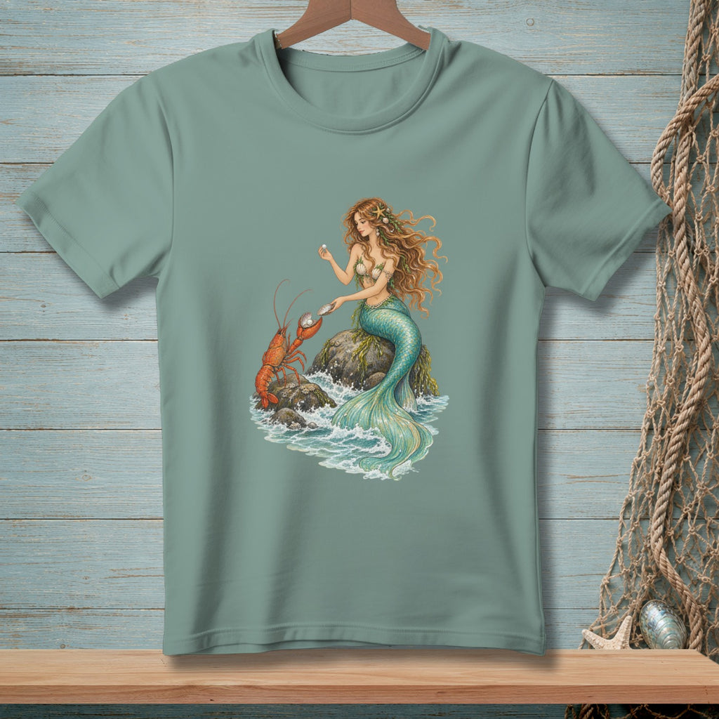 Mermaid sitting on rock with lobster, holding a pearl.