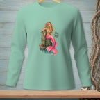 Mermaid with pink tail and drink, sitting on a post, with text "Stay Mad."