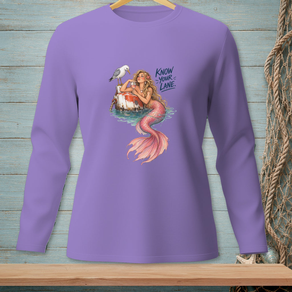 Lavender long-sleeve shirt featuring a mermaid and seagull with text "KNOW YOUR LANE."