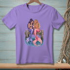 Two mermaids with colorful tails sit on a dock looking at a phone.