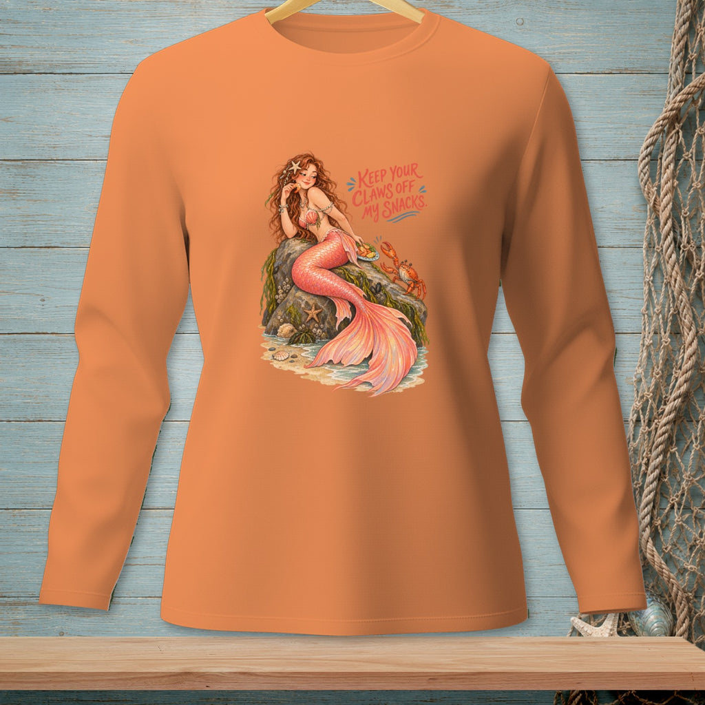 Mermaid with pink tail sitting on a rock with text "Keep Your Claws Off My Snacks".