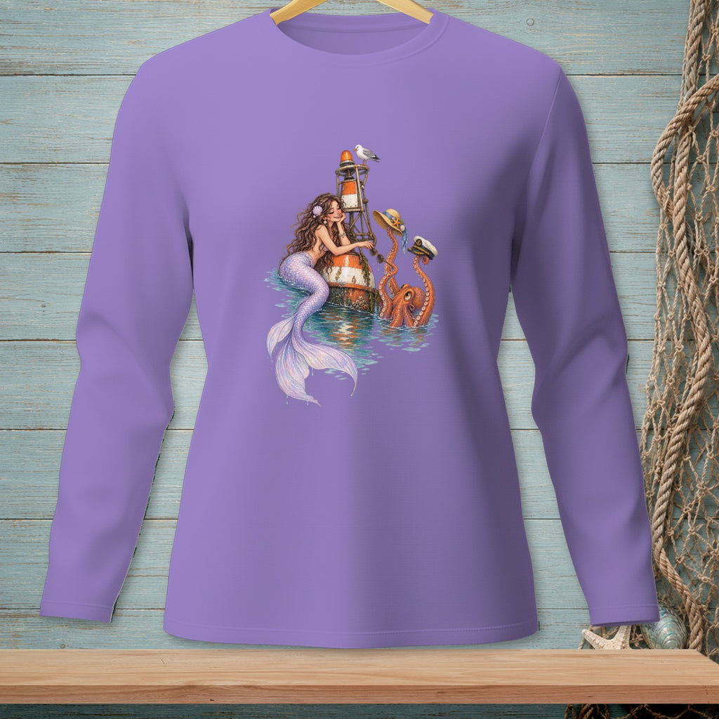 Mermaid with octopus and lighthouse illustration on a lavender long-sleeve shirt.