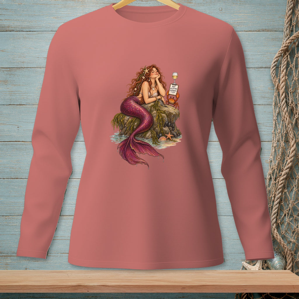 Mermaid on a rock with a glass of wine and crab holding a sign.