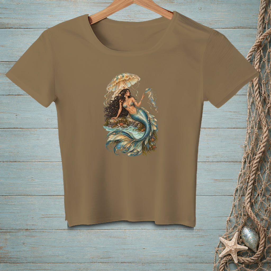 Brown t-shirt with a graphic of a mermaid holding a jellyfish under a shell umbrella.