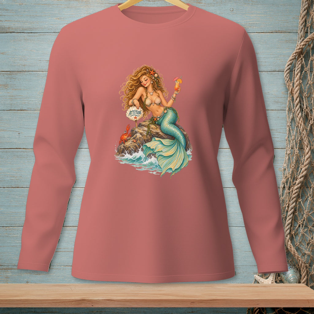 Mermaid with cocktail on rock with "Attitude" sign and crab.