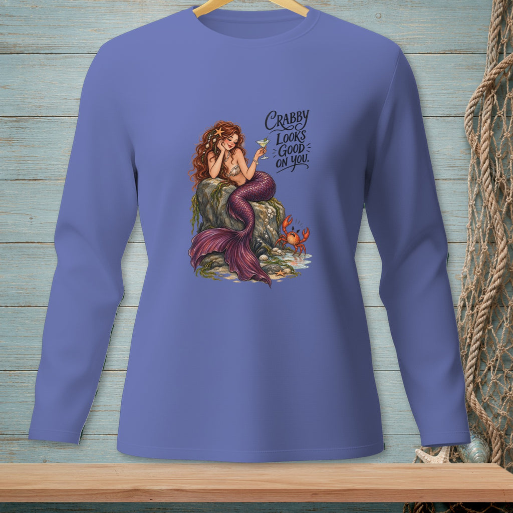 Long sleeve shirt with mermaid, crab, and text "Crabby looks good on you".