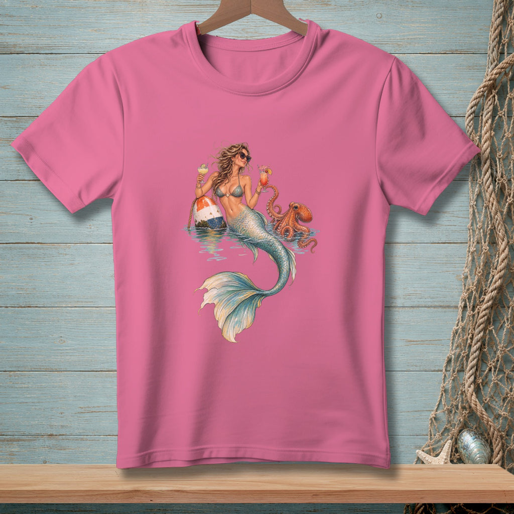 Mermaid with drinks and octopus on pink t-shirt.