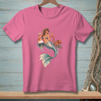 Mermaid with drinks and octopus on pink t-shirt.