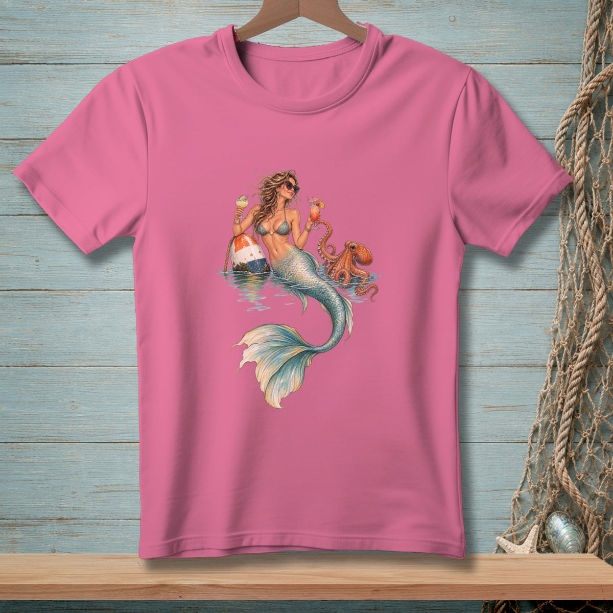 Mermaid with drinks and octopus on pink t-shirt.
