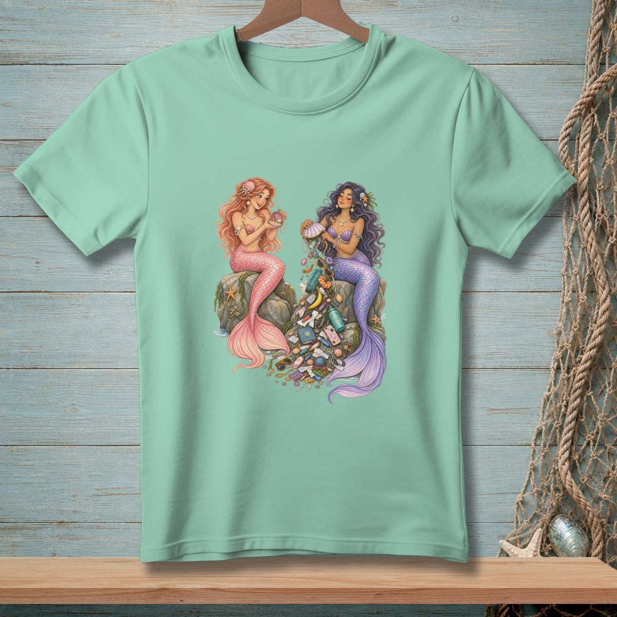 Two mermaids sit on rocks, spilling treasures and trash from a basket.