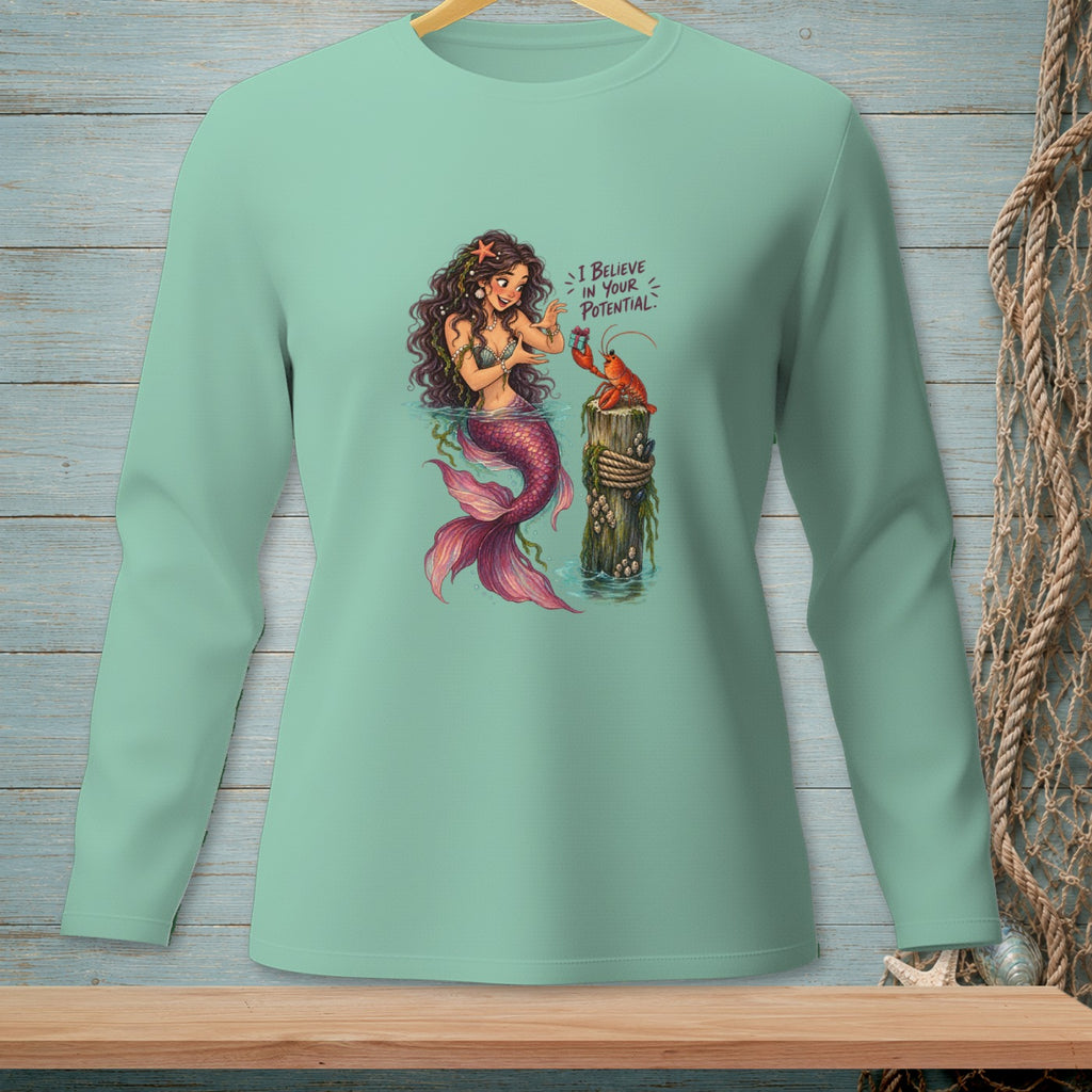 Mermaid giving a gift to a lobster on a post with text "I Believe In Your Potential."