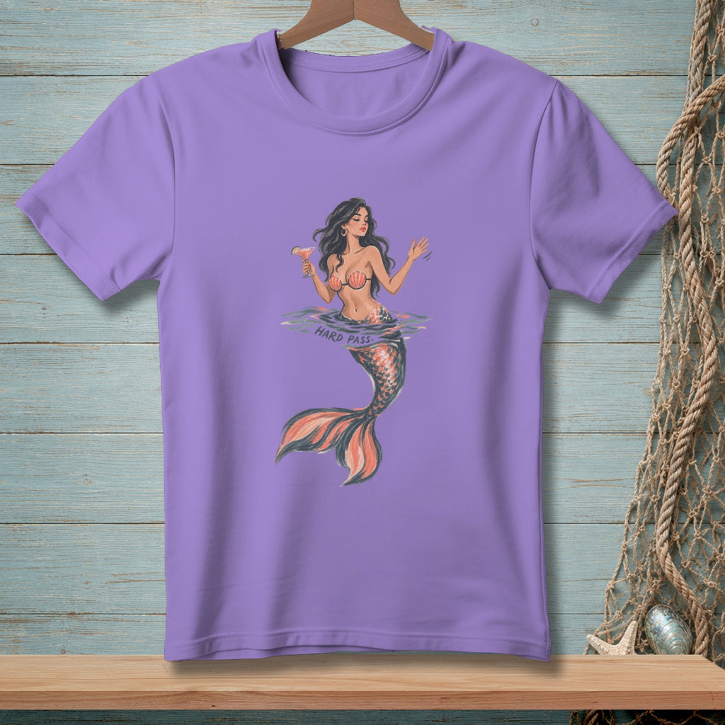 Purple t-shirt with a mermaid holding a drink and the text "HARD PASS."