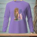 Purple long-sleeve shirt with mermaid illustration and text "BAD? THIS TOOK ALL TIDE."