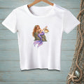 White t-shirt featuring a cartoon mermaid holding a pufferfish with a cocktail.