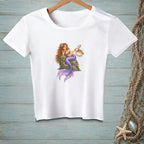 White t-shirt featuring a cartoon mermaid holding a pufferfish with a cocktail.