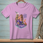 Purple t-shirt with a mermaid, seagull, crab, drinks, and the text "Everyone Relax."