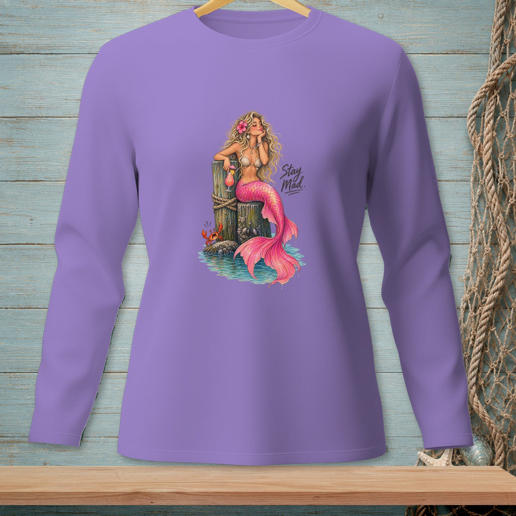 Purple long-sleeve shirt with a mermaid design and the text "Stay Mad".