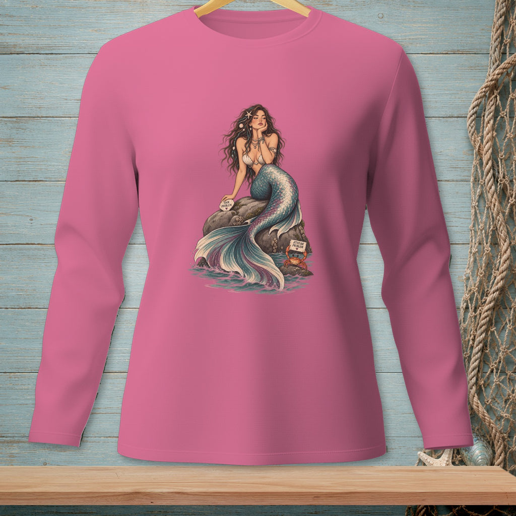 Pink long-sleeve shirt with mermaid graphic and "Attitude Problem" sign.