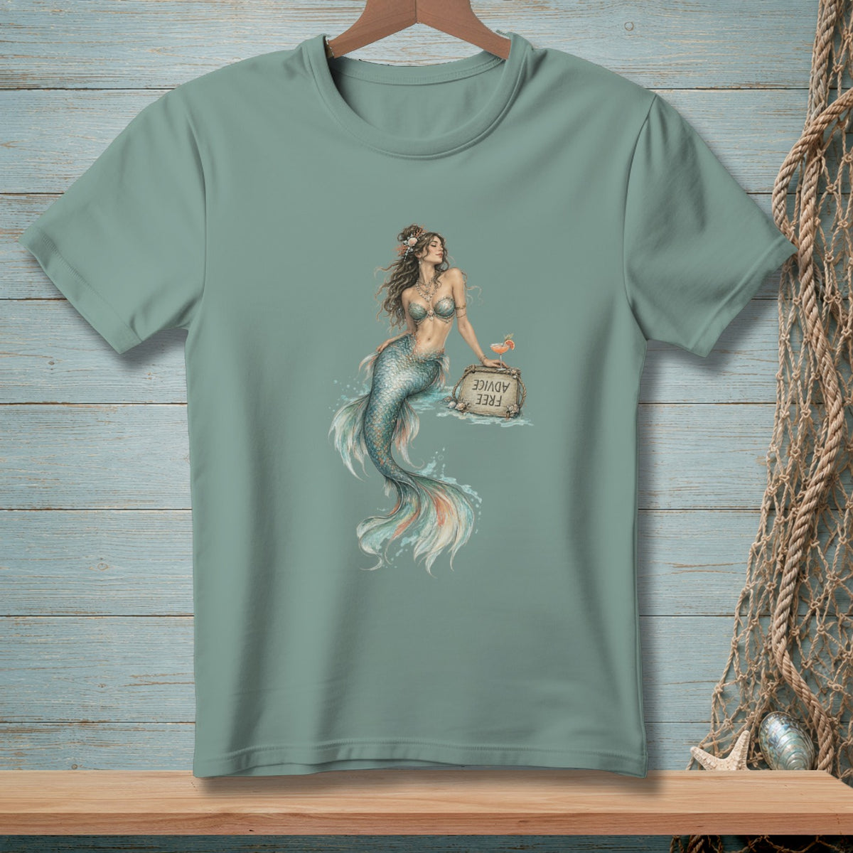 T-shirt with watercolor illustration of a mermaid sitting next to a sign that reads "Free Advice".