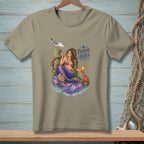 Mermaid with purple tail and seashell bikini, holding cocktail, with seagull, crab, and text "Everyone Relax".