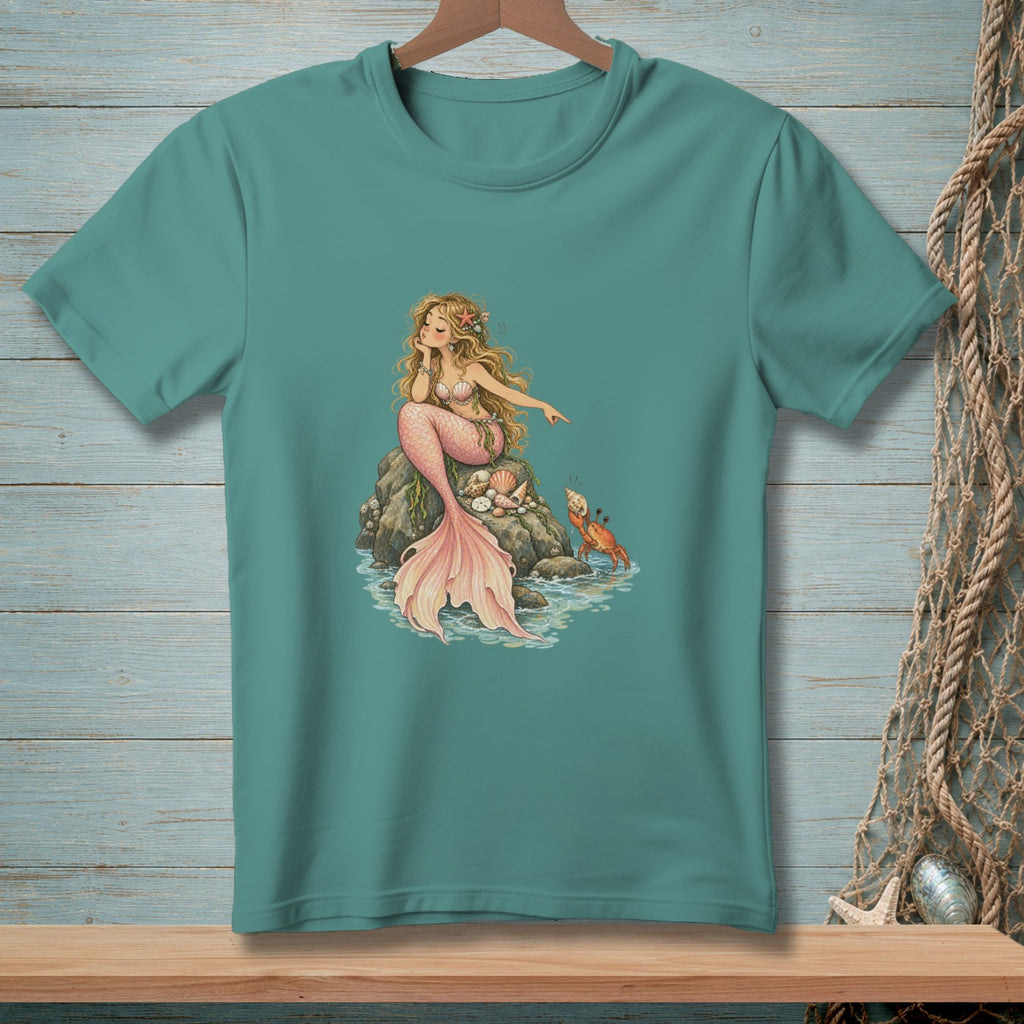 Teal t-shirt with illustration of a mermaid sitting on a rock near a crab.