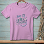 Pink t-shirt with "High Tide Higher Standards" text and a mermaid tail design.