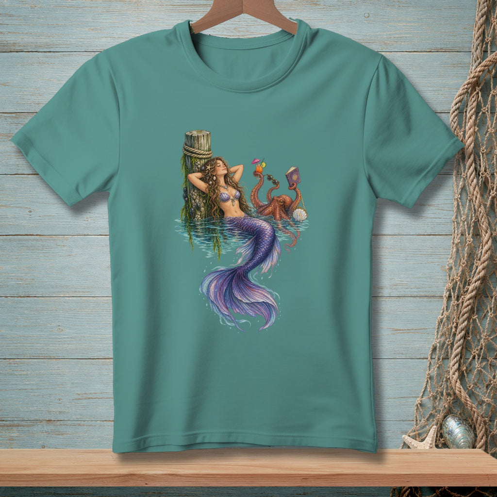 Mermaid relaxing by a pier with an octopus holding drinks and a book.