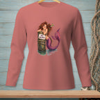 Mermaid with red hair leaning on a post with "NO VACANCY" sign.