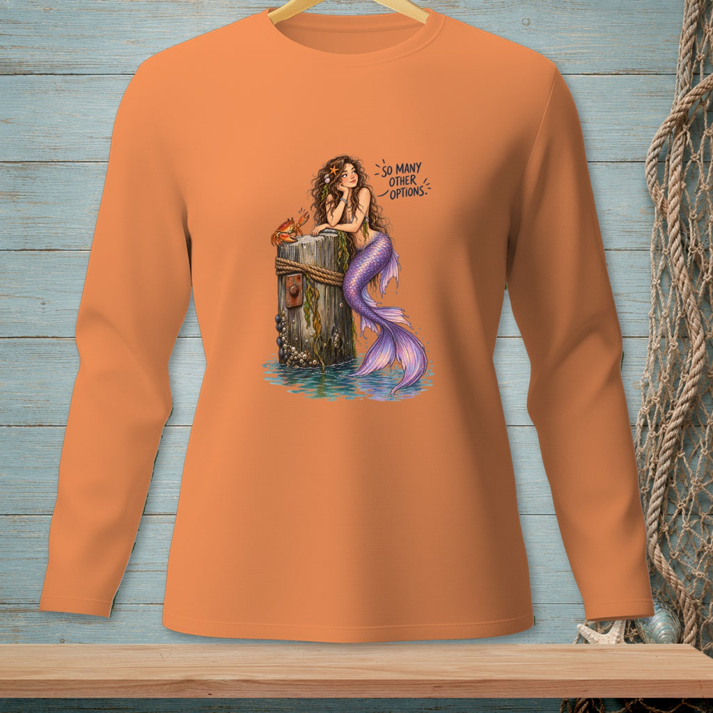 Mermaid with crab and text "So Many Other Options" on orange shirt